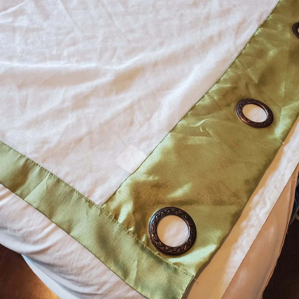 White Sheer Grommet Curtain Panel Olive Green Border 84x54 RN 118098